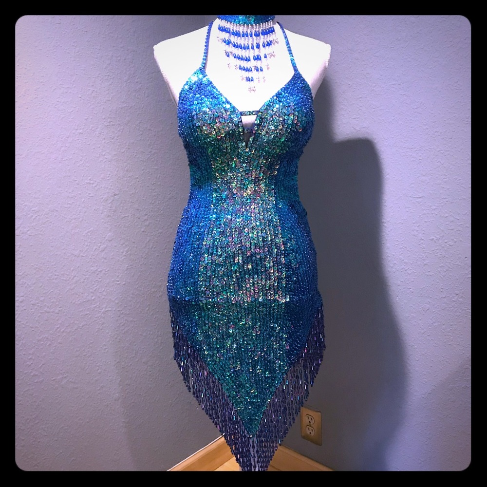 aqua sequined with beaded fringe dance dress